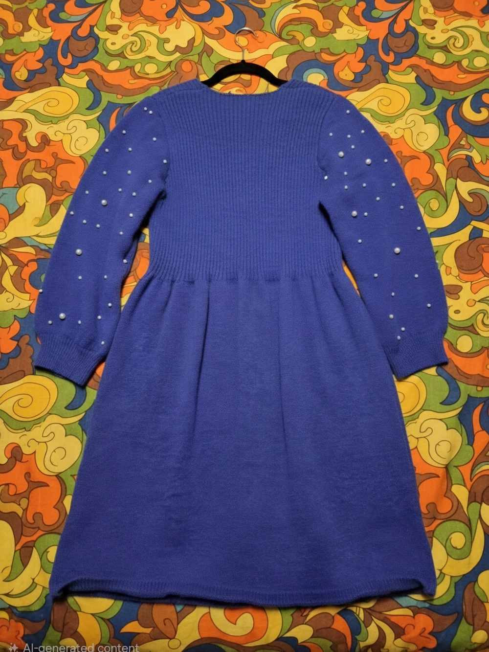 SHEIN Royal Blue Knit Dress with Pearl Sleeve Detail